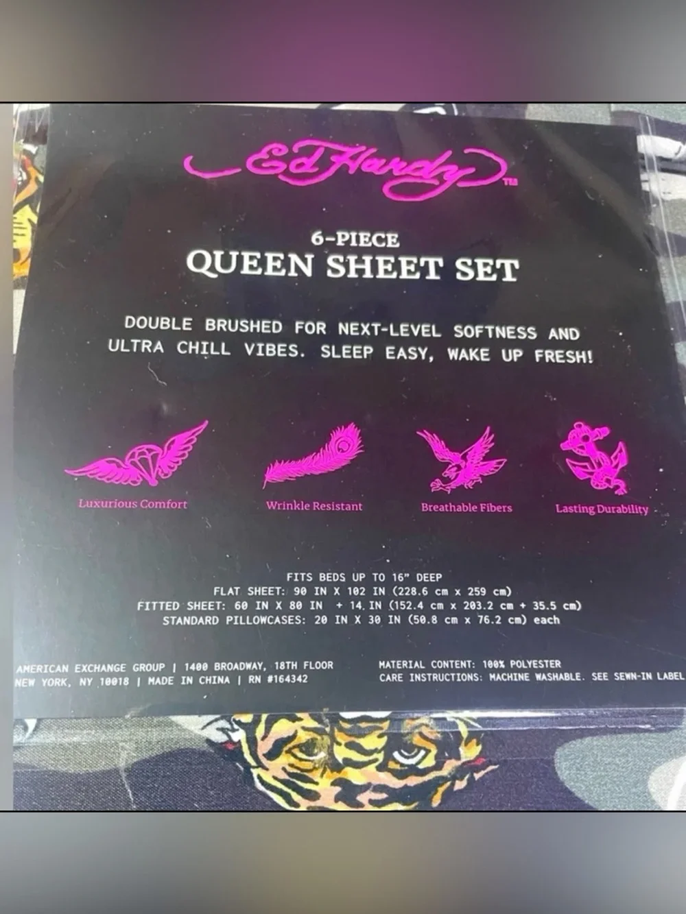 Ed Hardy Green Camo Deep Pocket 6-pc Queen Sheet Set Tigers Hearts NEW NIP